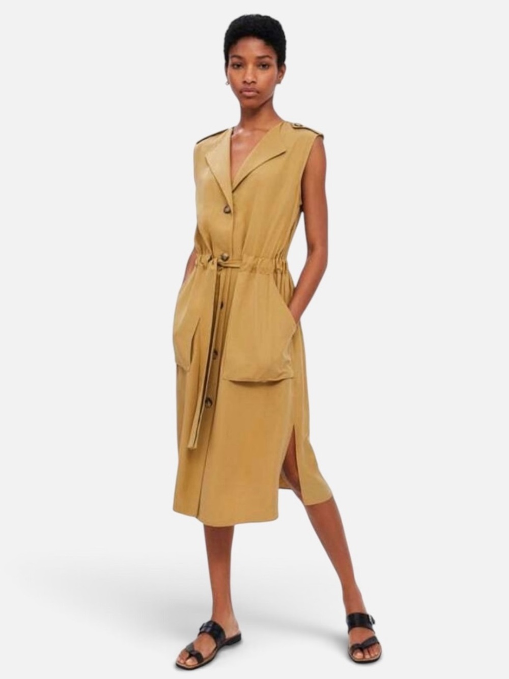 Zara | Sleeveless Midi Waistcoat Dress | Butterscotch Khaki Mustard | XS/S